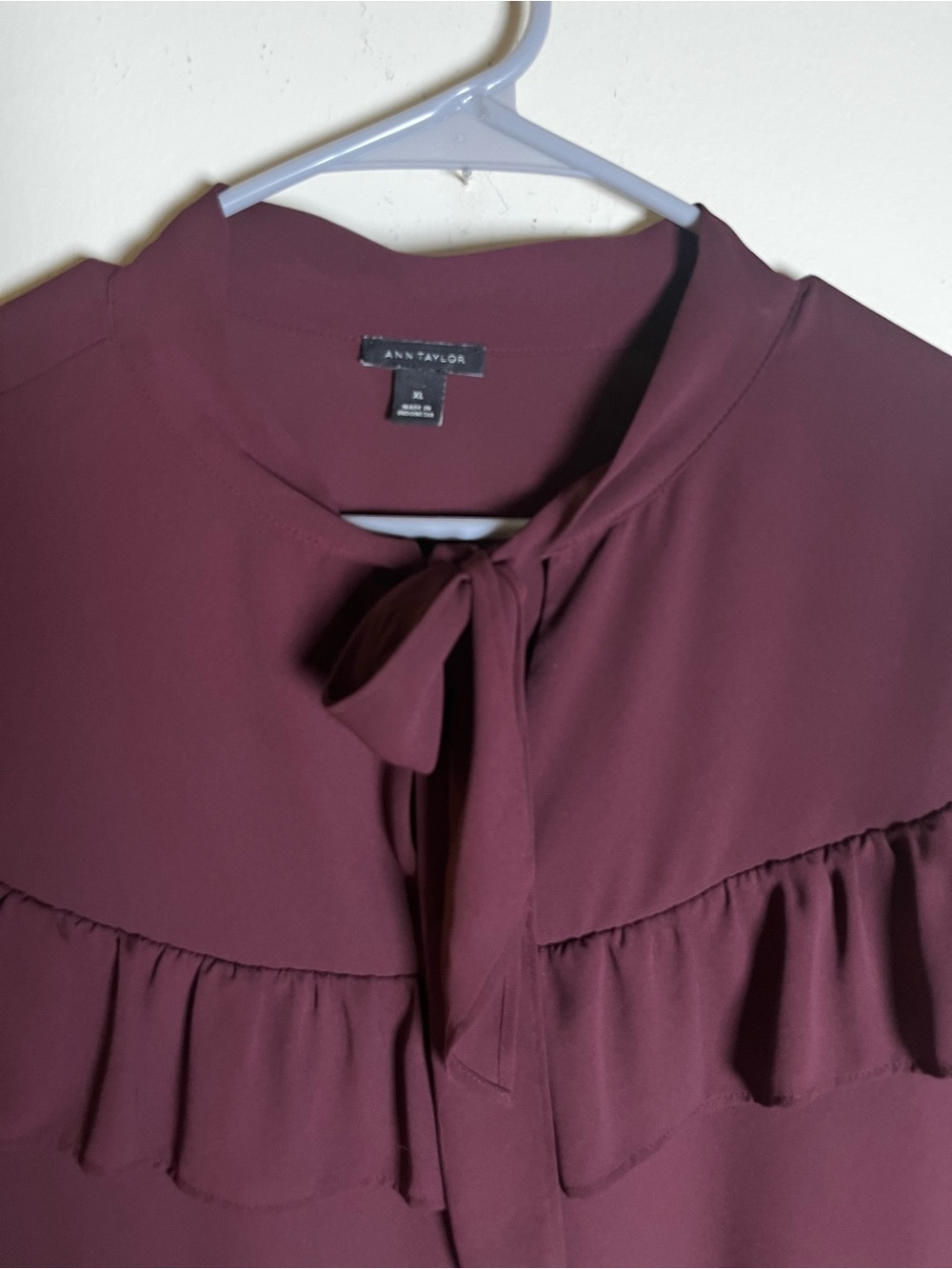 Ann Taylor Wine Tie-Neck Ruffle Blouse - Picture 3 of 7